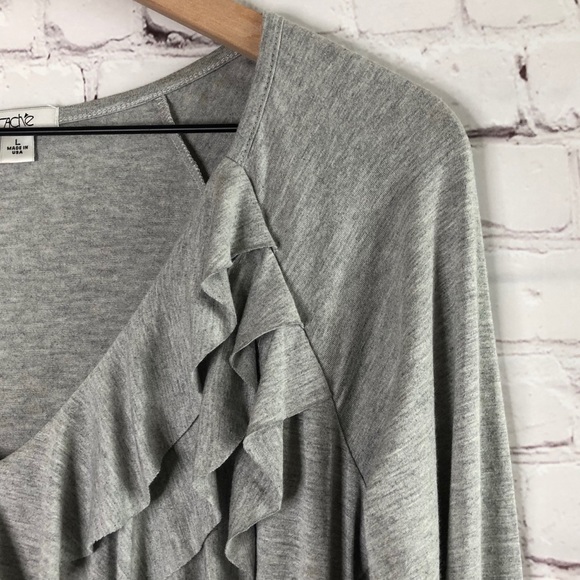 CACHE || Heather Gray Ruffle Accent V Neck Shirt - Picture 4 of 7